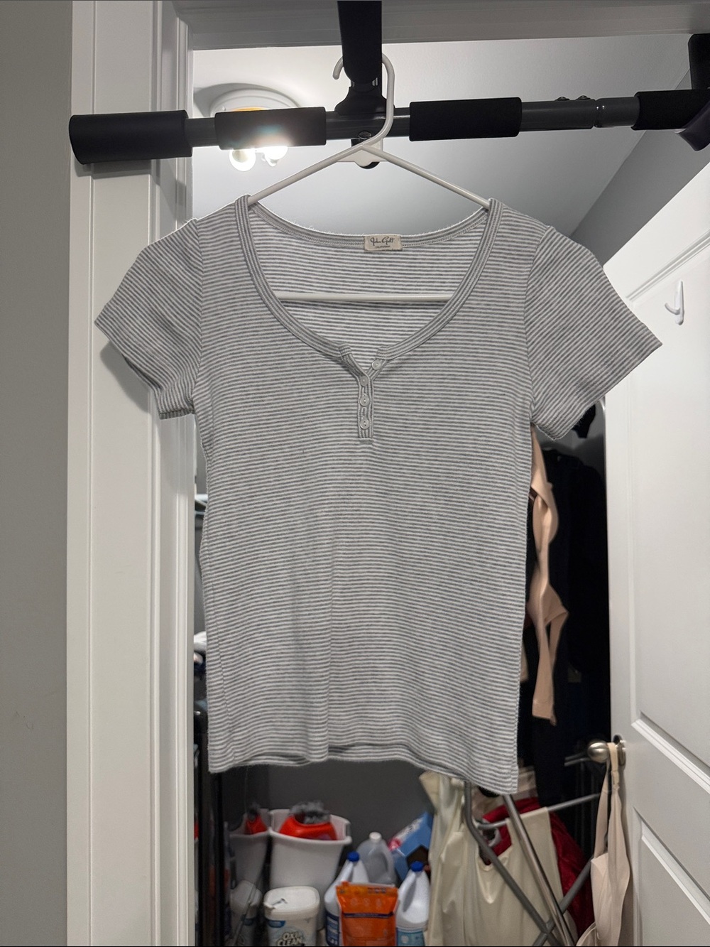 PacSun Light Gray & White Striped Short Sleeve Henley Tee